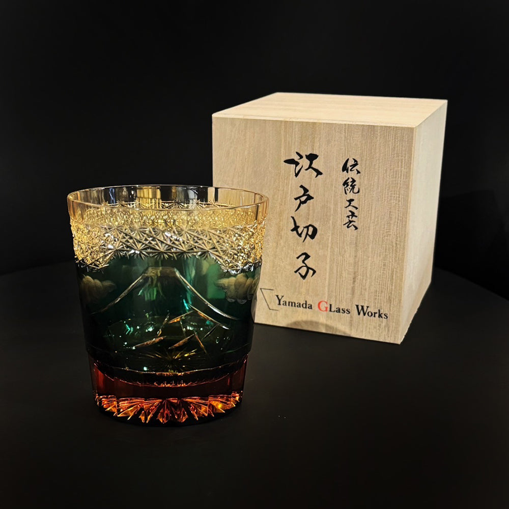 Edo Kiriko Rock Glass Yamashita Hakuame Amber