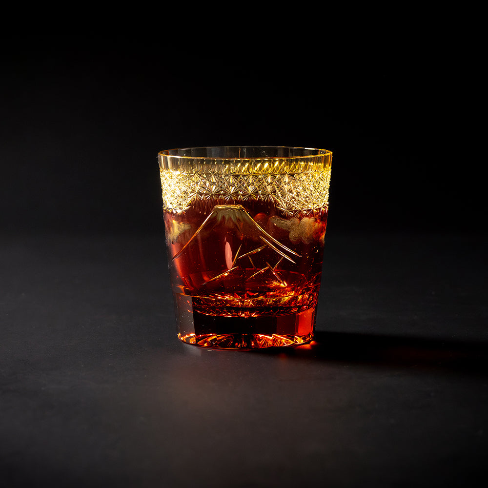 Edo Kiriko Rock Glass Yamashita Hakuame Amber
