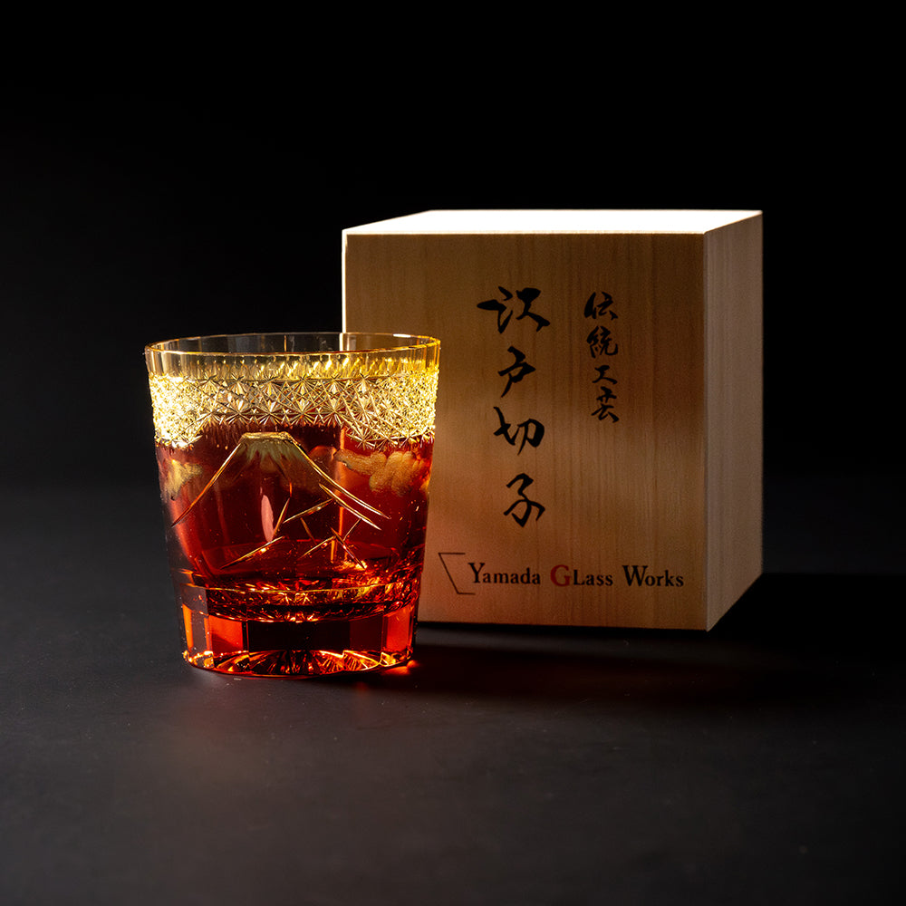 Edo Kiriko Rock Glass Yamashita Hakuame Amber